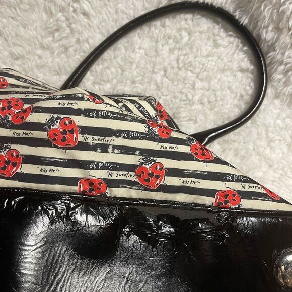 Betsey Johnson fabric Black & White red ladybugs weekender bag synthetic trim - Picture 12 of 13